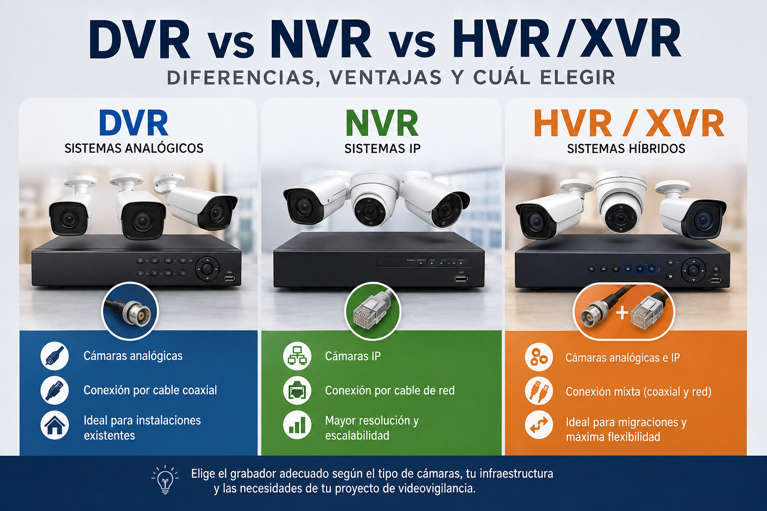 Infografía comparativa entre DVR, NVR y HVR/XVR para sistemas de cámaras de seguridad