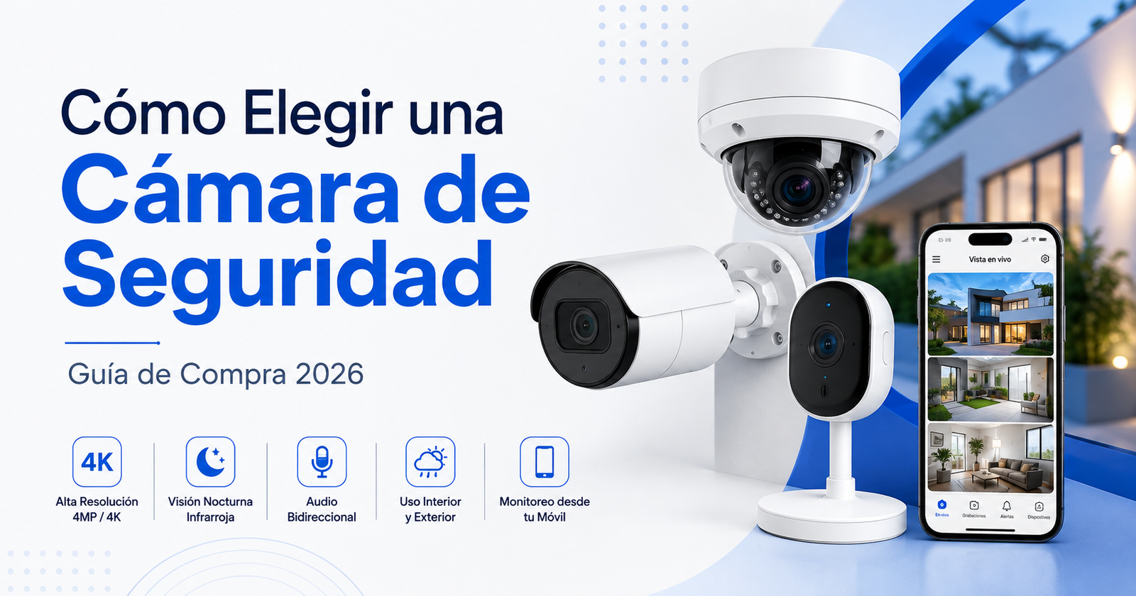 ### Título SEO **Cómo Elegir una Cámara de Seguridad | Guía de Compra 2026** ### Meta description **Aprende cómo elegir una cámara de seguridad según resolución, lente, visión nocturna, audio, instalación y uso en hogar, negocio o empresa.** ### H1 # Cómo Elegir una Cámara de Seguridad: Guía de Compra 2026 # Cómo Elegir una Cámara de Seguridad: Guía de Compra 2026 Elegir una cámara de seguridad puede parecer sencillo, pero en realidad existen muchas diferencias entre un modelo y otro. La resolución, el tipo de lente, la visión nocturna, el audio, la conectividad, el almacenamiento y el lugar de instalación pueden cambiar completamente el resultado. Por eso, antes de comprar una cámara, conviene definir primero qué área deseas proteger, qué nivel de detalle necesitas y cómo quieres visualizar o almacenar las grabaciones. ## ¿Qué debes revisar antes de comprar una cámara de seguridad? Antes de elegir un modelo, considera principalmente: * resolución; * tipo de lente; * ángulo de visión; * uso interior o exterior; * visión nocturna; * audio; * conexión WiFi, red o coaxial; * almacenamiento; * compatibilidad con DVR o NVR; * funciones inteligentes; * posibilidad de crecimiento del sistema. No siempre la cámara con más megapíxeles es la mejor opción. El equipo debe adaptarse al lugar y al objetivo de vigilancia. ## Resolución: 2 MP, 4 MP, 5 MP, 8 MP y más La resolución determina la cantidad de detalle que puede mostrar una cámara. Una cámara de **2 MP** ofrece una imagen Full HD y puede ser suficiente para muchos hogares, oficinas y pequeños negocios. Los modelos de **4 MP y 5 MP** ofrecen mayor definición y permiten observar mejor determinados detalles dentro de la escena. Las cámaras de **8 MP** ofrecen resolución 4K y pueden ser recomendables cuando se requiere un nivel de detalle superior. Sin embargo, una mayor resolución también puede requerir más capacidad de almacenamiento y ancho de banda. Por eso, no conviene elegir únicamente por la cantidad de megapíxeles. ## Tipo de lente y ángulo de visión El lente determina qué tan amplia o cercana será la imagen. Las cámaras con **lente fijo** ofrecen un ángulo definido y son muy utilizadas en instalaciones estándar. Las cámaras con **lente varifocal** permiten ajustar el campo de visión y acercar una zona determinada de manera óptica. Un ángulo amplio puede ser conveniente para observar habitaciones, tiendas o áreas abiertas, mientras que un lente más cerrado puede ser útil para entradas, pasillos o zonas donde se necesita ver mayor detalle a distancia. Antes de comprar, revisa tanto la distancia que deseas cubrir como el ancho del área. ## Cámara para interior o exterior No todas las cámaras están diseñadas para instalarse en exteriores. Una cámara para exterior debe contar con un nivel adecuado de protección contra polvo, humedad y lluvia. Por eso es común encontrar certificaciones como **IP66** o **IP67**. Estas certificaciones indican el nivel de protección del equipo frente a condiciones ambientales. Para interiores, en cambio, pueden utilizarse modelos más compactos que no requieren el mismo nivel de protección. Si instalarás una cámara en fachada, cochera, patio o almacén exterior, verifica siempre su clasificación de protección antes de comprarla. ## Visión nocturna: infrarrojo o Full Color La mayoría de cámaras de seguridad incorpora alguna tecnología para trabajar durante la noche. La visión nocturna tradicional utiliza **infrarrojos**, permitiendo obtener imágenes incluso cuando existe poca o ninguna iluminación. También existen cámaras que pueden mostrar imágenes a color durante la noche mediante tecnologías Full Color, iluminación auxiliar o soluciones desarrolladas por diferentes fabricantes. Estas cámaras pueden resultar útiles cuando necesitas identificar colores de ropa, vehículos u otros elementos durante la noche. La mejor opción dependerá de la iluminación existente en el lugar y del nivel de detalle que necesites. ## Cámara con audio Muchas cámaras modernas incorporan micrófono. Esto permite escuchar lo que sucede en el área monitoreada además de visualizar el video. Algunos modelos también incluyen altavoz y permiten **audio bidireccional**, es decir, escuchar y hablar a través de la cámara desde una aplicación móvil. Esta función puede ser útil en: * hogares; * tiendas; * oficinas; * recepción; * cuidado de adultos mayores; * supervisión de mascotas; * comunicación con visitantes. Antes de comprar, verifica si el modelo incluye solamente micrófono o también altavoz. ## Cámara WiFi o cámara cableada Las cámaras WiFi son populares porque pueden instalarse con mayor facilidad en determinados espacios. Normalmente se conectan a la red inalámbrica y permiten visualizar la imagen desde una aplicación móvil. Sin embargo, “WiFi” no significa necesariamente que la cámara sea completamente inalámbrica, ya que generalmente continúa necesitando alimentación eléctrica. Las cámaras cableadas utilizan conexiones de red Ethernet o cable coaxial, dependiendo de la tecnología. Para instalaciones pequeñas, una cámara WiFi puede ser práctica. Para proyectos con varias cámaras, distancias mayores o necesidad de mayor estabilidad, una solución cableada suele ser más conveniente. ## Cámara IP o cámara analógica Las cámaras analógicas y las cámaras IP utilizan tecnologías diferentes. ### Cámaras analógicas Las cámaras analógicas normalmente se conectan mediante cable coaxial hacia un DVR. Son utilizadas tanto en instalaciones nuevas como en sistemas existentes donde ya existe infraestructura coaxial. Actualmente existen cámaras analógicas HD con diferentes resoluciones y funciones. ### Cámaras IP Las cámaras IP funcionan mediante una red de datos. Pueden conectarse a un NVR, switch de red o infraestructura Ethernet. Algunos modelos utilizan PoE, permitiendo transportar energía y datos mediante un solo cable de red. Las cámaras IP suelen ofrecer mayor flexibilidad de integración y son utilizadas ampliamente en proyectos empresariales y sistemas modernos de videovigilancia. La elección entre analógica e IP dependerá de la infraestructura existente, presupuesto y características requeridas. ## ¿Cómo se almacenan las grabaciones? Las grabaciones pueden almacenarse de diferentes maneras. En sistemas CCTV tradicionales, normalmente se utiliza un **DVR** o **NVR** con uno o varios discos duros. Algunas cámaras WiFi e IP también incluyen una ranura para tarjeta microSD. Otros modelos pueden ofrecer almacenamiento en nube mediante servicios del fabricante. La cantidad de días de grabación dependerá de: * cantidad de cámaras; * resolución; * cuadros por segundo; * compresión de video; * horas de grabación; * capacidad del disco duro o tarjeta. Si necesitas conservar grabaciones durante varias semanas, es importante calcular el almacenamiento antes de comprar el sistema. ## Funciones inteligentes en cámaras de seguridad Las cámaras actuales pueden incorporar herramientas de análisis que van más allá de la detección básica de movimiento. Dependiendo del modelo, pueden incluir: * detección de personas; * detección de vehículos; * cruce de línea; * detección de intrusión; * seguimiento automático; * reconocimiento facial; * alertas inteligentes; * notificaciones en el celular. Estas funciones dependen del modelo de cámara, grabador y plataforma utilizada. Por eso es importante verificar la compatibilidad antes de asumir que una función estará disponible. ## ¿Qué cámara elegir para una casa? Para una vivienda, la elección depende principalmente del área que deseas proteger. Para interiores pueden ser suficientes cámaras WiFi o cámaras IP compactas. En una entrada, cochera o fachada, puede ser conveniente una cámara para exterior con buena visión nocturna y protección contra lluvia. También puedes considerar audio bidireccional si deseas comunicarte con personas desde el celular. Para una casa con varias cámaras, puede ser conveniente utilizar un sistema centralizado con DVR o NVR. ## ¿Qué cámara elegir para un negocio? En un negocio normalmente se deben vigilar diferentes puntos: * ingreso; * caja; * almacén; * pasillos; * área de atención; * exterior. En estos casos conviene evaluar un sistema con varias cámaras y un grabador central. También puede ser importante contar con mayor tiempo de almacenamiento y acceso remoto desde celular o computadora. Si existen áreas críticas, considera cámaras con mayor resolución o funciones inteligentes. ## ¿Qué cámara elegir para una empresa? En empresas y proyectos más grandes es importante pensar en escalabilidad. Puede ser recomendable utilizar cámaras IP, switches PoE y NVR con capacidad suficiente para futuras ampliaciones. También deben considerarse: * cantidad de cámaras; * almacenamiento; * ancho de banda; * resolución; * analíticas; * integración con otros sistemas; * administración centralizada; * crecimiento futuro. En estos proyectos, la elección del grabador y la infraestructura de red es tan importante como la cámara. ## Errores comunes al comprar cámaras de seguridad Uno de los errores más frecuentes es elegir solamente por megapíxeles. También es común: * no revisar el tipo de lente; * comprar una cámara de interior para instalarla afuera; * no calcular almacenamiento; * ignorar la compatibilidad entre cámara y grabador; * elegir un DVR o NVR sin capacidad de expansión; * no considerar la iluminación nocturna; * comprar cámaras WiFi para zonas con mala cobertura; * no revisar si el equipo incluye micrófono o audio bidireccional. Una buena elección debe considerar todo el sistema y no solamente la cámara. ## ¿Cuántas cámaras necesito? La cantidad dependerá del tamaño y distribución del lugar. En una vivienda pequeña puede ser suficiente cubrir entradas y zonas principales. En un negocio puede ser necesario vigilar caja, ingreso, almacén y áreas comunes. En una empresa pueden existir decenas de puntos que necesitan monitoreo. Antes de comprar, identifica las áreas críticas y verifica si una sola cámara puede cubrirlas correctamente. También es recomendable dejar capacidad disponible en el DVR o NVR para agregar cámaras posteriormente. ## ¿Qué marcas de cámaras de seguridad elegir? Existen diferentes fabricantes con equipos orientados a hogares, negocios y proyectos profesionales. Marcas como **Hikvision, HiLook y EZVIZ** cuentan con cámaras y soluciones para diferentes tipos de instalación. Más que elegir únicamente por la marca, revisa las especificaciones del modelo, compatibilidad con tu sistema, garantía, soporte y disponibilidad de accesorios. ## Cámaras de Seguridad en Top Security Perú En **Top Security Perú** encontrarás cámaras de seguridad para hogares, negocios y empresas, incluyendo cámaras IP, cámaras WiFi, cámaras analógicas, kits y sistemas completos de videovigilancia. También contamos con DVR, NVR, accesorios y diferentes soluciones para implementar o ampliar un sistema de seguridad. Antes de elegir una cámara, considera el área que deseas proteger, la calidad de imagen necesaria, condiciones de iluminación, infraestructura disponible y tiempo de grabación requerido. Consulta nuestras categorías de **Cámaras de Seguridad**, **Cámaras IP**, **Cámaras IP WiFi**, **Cámaras Analógicas**, **DVR**, **NVR** y **Kits de Seguridad** para conocer modelos, características y precios disponibles. **Shortcode recomendado:** ```text [products category="camaras-de-seguridad" limit="4" columns="4" orderby="date" order="DESC"] ``` **Nombre de imagen destacada:** `como-elegir-camara-seguridad-guia-2026.jpg` **ALT:** `Guía para elegir una cámara de seguridad según uso, resolución y tipo de instalación`